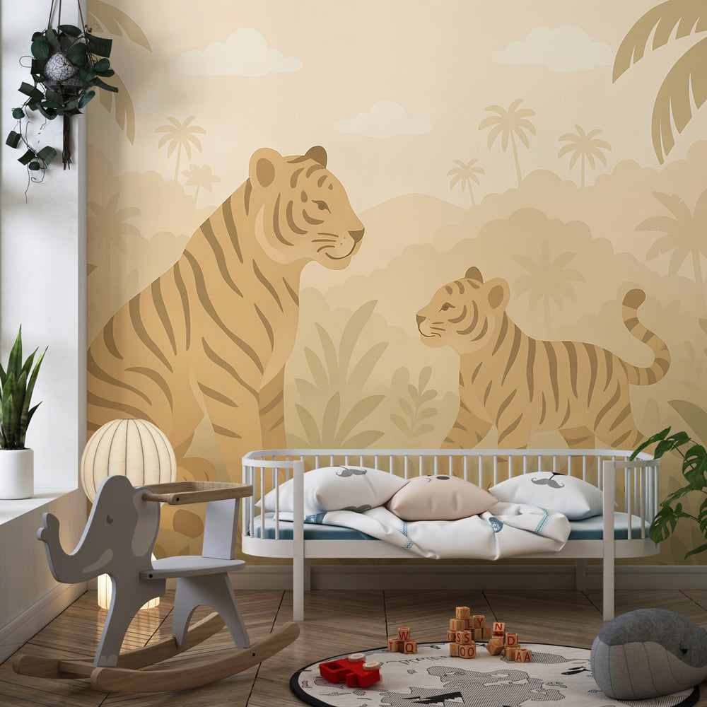 Tropical jungle tigers mural wallpaper transforming children's playroom into wildlife sanctuary