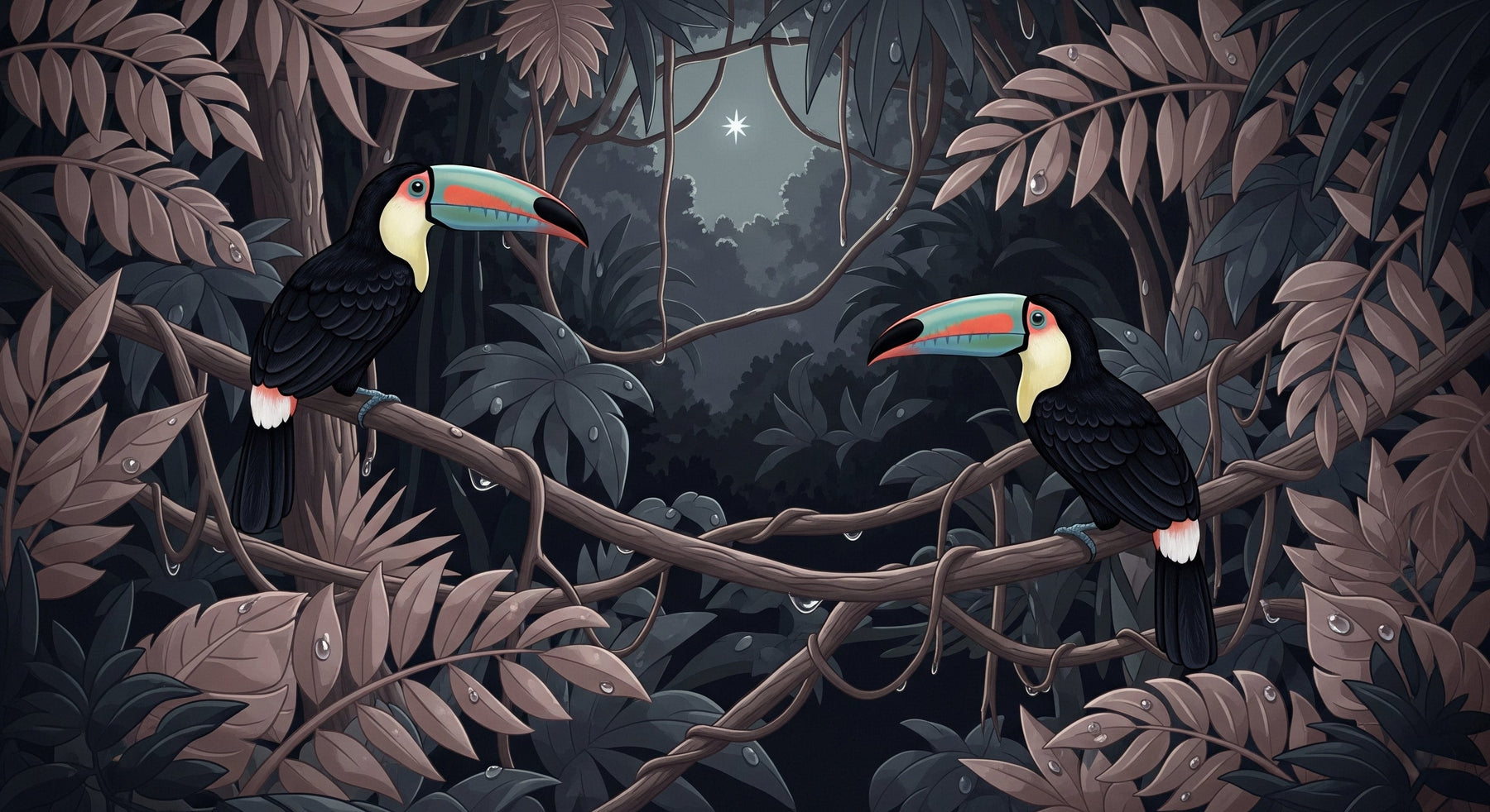 Detailed jungle toucan mural wallpaper design pattern with tropical birds and lush foliage by Kids-Mundo