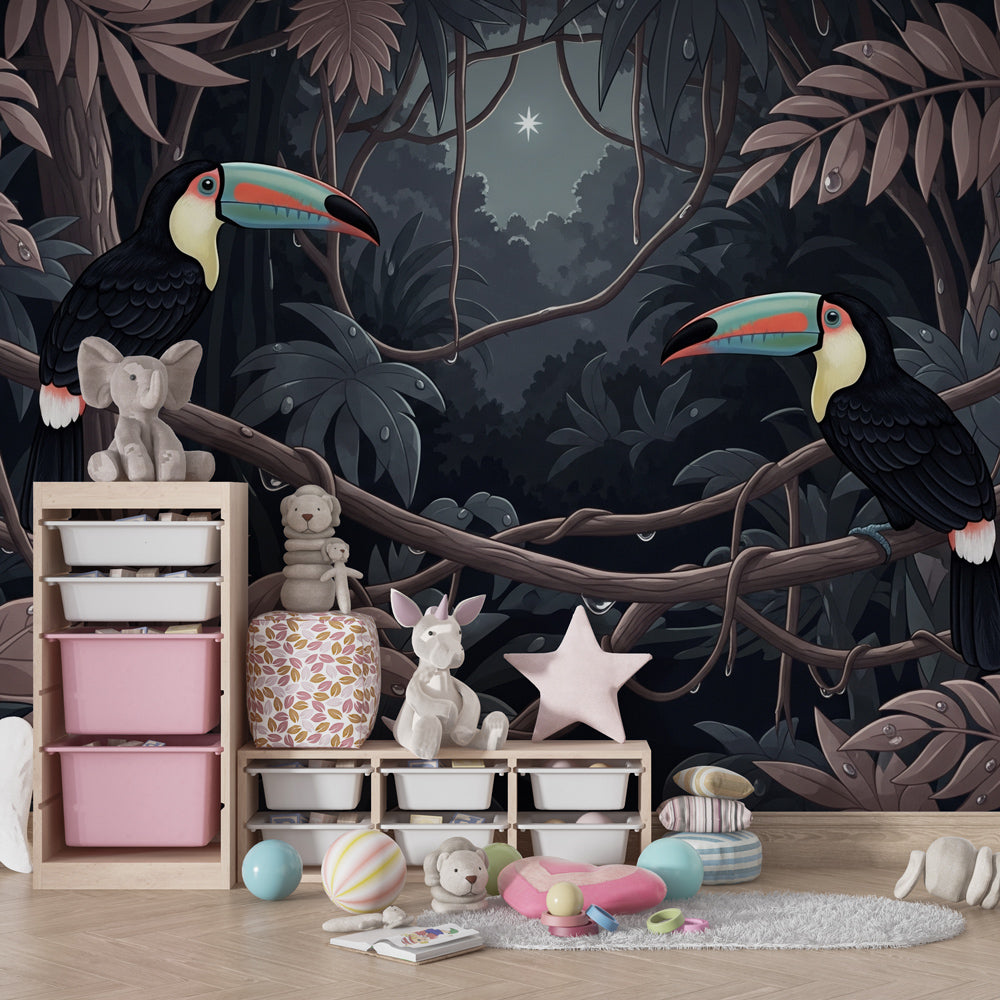 Mysterious jungle wallpaper with exotic birds creating adventure theme in kids playroom