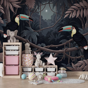 Mysterious jungle wallpaper with exotic birds creating adventure theme in kids playroom