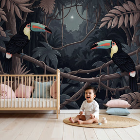Jungle toucan mural wallpaper creating tropical paradise in modern nursery by Kids-Mundo