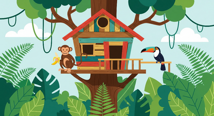 Kids-Mundo flat artwork of a jungle treehouse with a monkey, banana and toucan on the porch.