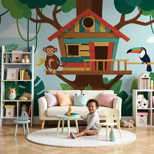 Kids-Mundo jungle treehouse wall mural with monkey and toucan in a bright, calm nursery setting.