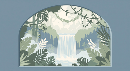 Flat artwork of the Kids-Mundo jungle waterfall arch wall mural in blue-green tones