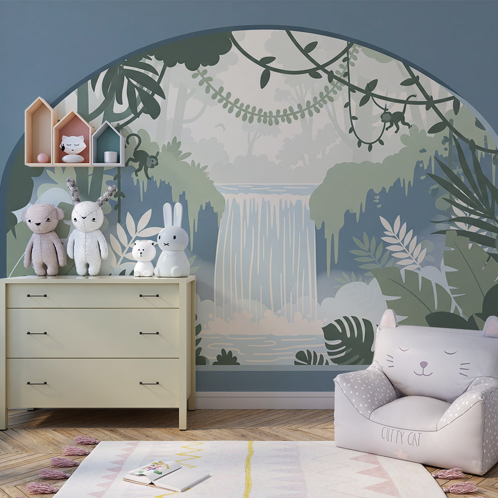 Kids-Mundo jungle waterfall wall mural with an arched frame in a children's playroom