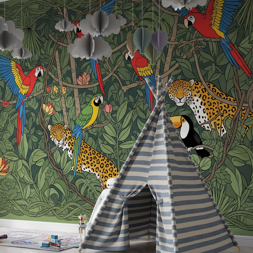 Kids-Mundo colourful jungle wall mural with toucans and a monkey covering a wall in a child's bedroom.