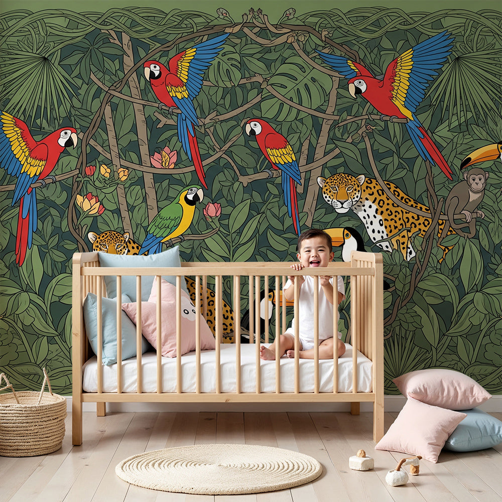 Kids-Mundo jungle wall mural with macaws and leopards shown as a wallpaper feature in a bright nursery.