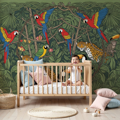 Kids-Mundo jungle wall mural with macaws and leopards shown as a wallpaper feature in a bright nursery.