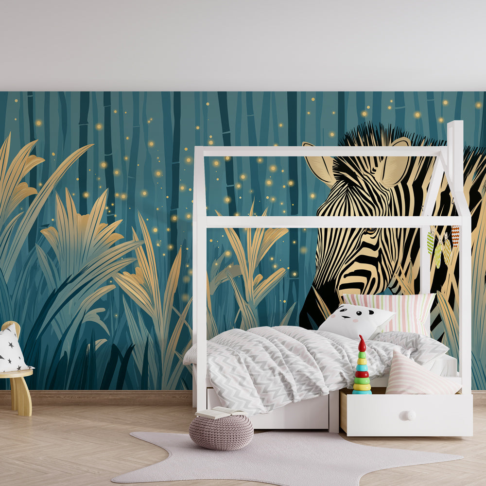 Enchanted safari zebra wallpaper creating magical kids bedroom decor with blue beige tones