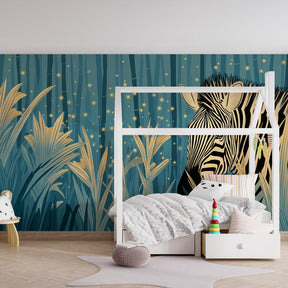Enchanted safari zebra wallpaper creating magical kids bedroom decor with blue beige tones