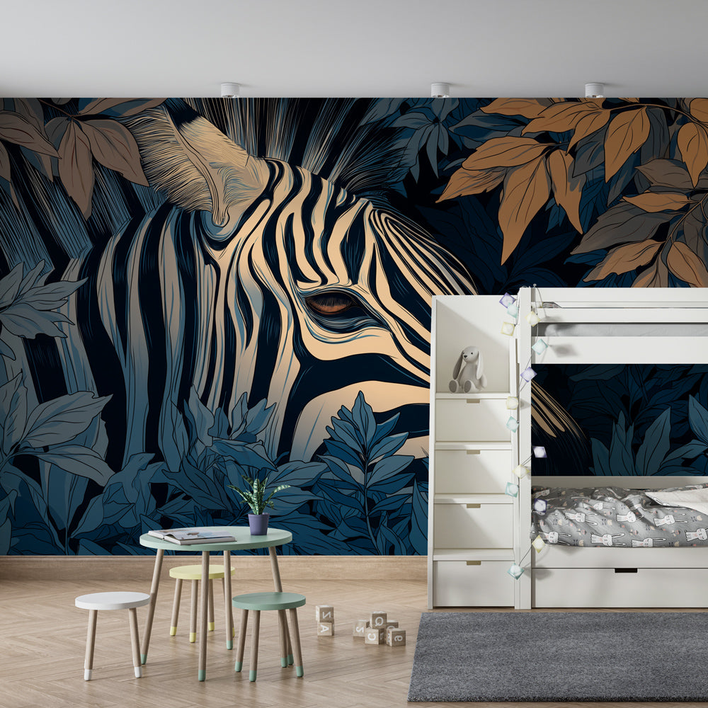 Safari zebra wallpaper transforming children's bedroom with tropical jungle theme and natural colors