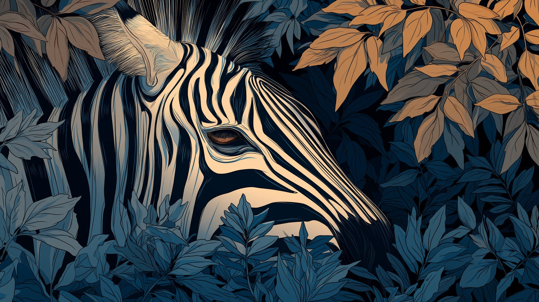 Detailed jungle zebra mural wallpaper design pattern showing safari animal and tropical foliage by Kids-Mundo