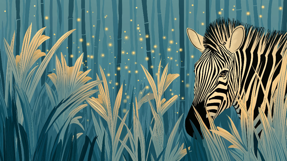 Detailed jungle zebra mural wallpaper design pattern with mystical lighting by Kids-Mundo