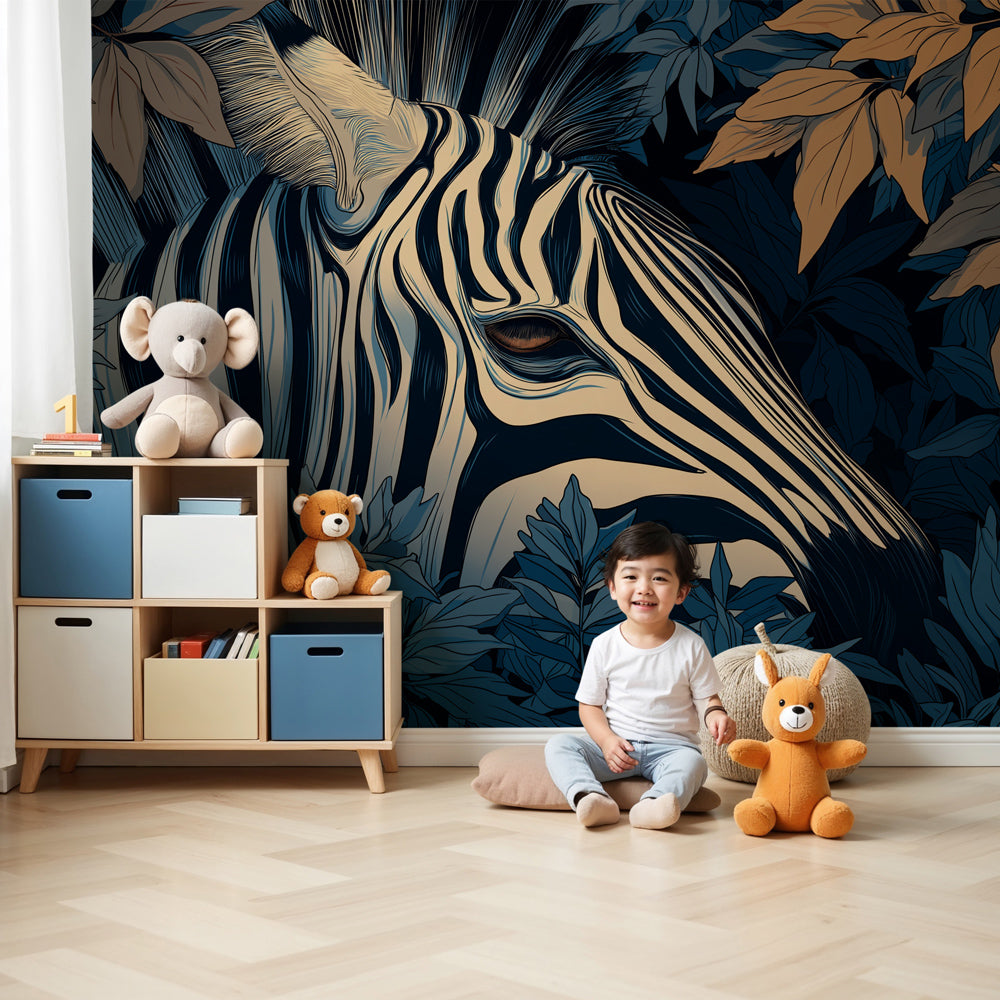 Jungle zebra mural wallpaper creating safari adventure atmosphere in modern nursery by Kids-Mundo