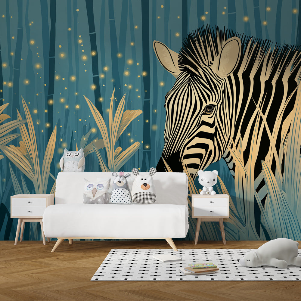 Safari animal zebra mural wallpaper transforming children's playroom into jungle adventure