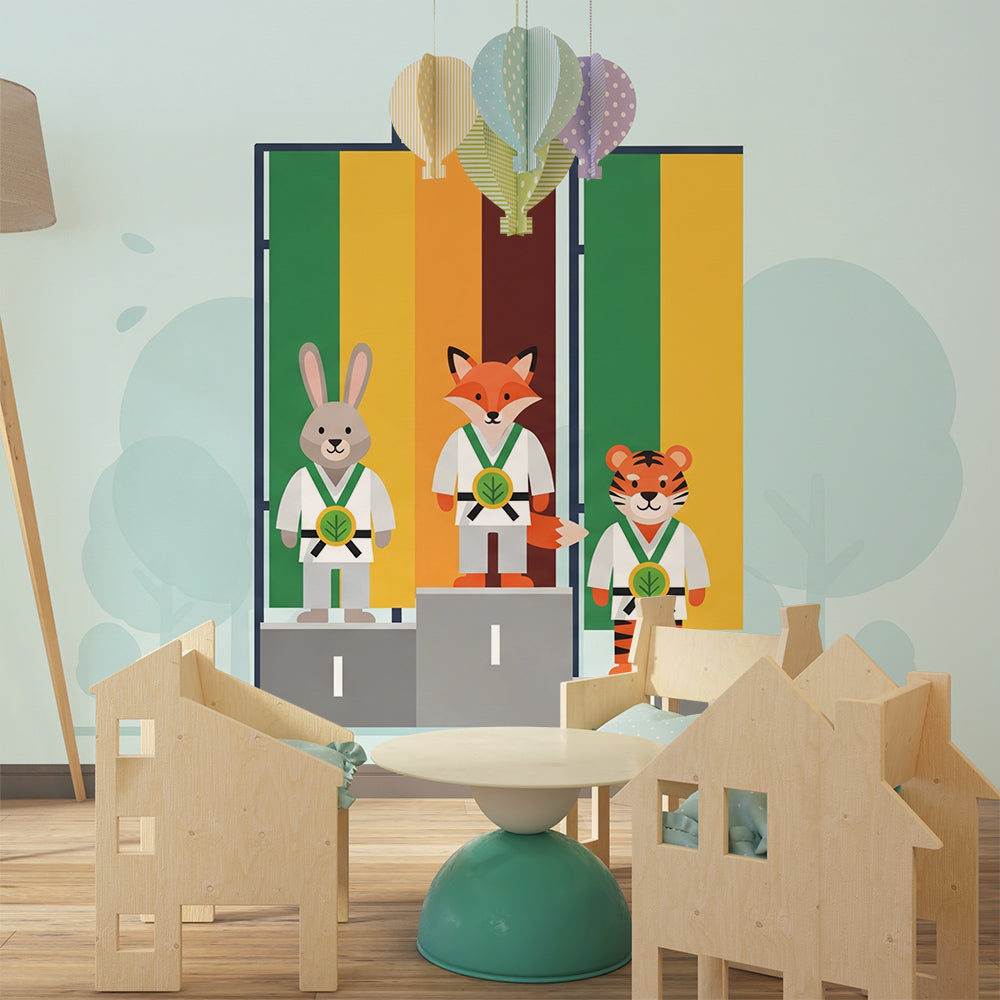 Kids-Mundo karate champions mural with rabbit, fox and tiger in a child's bedroom