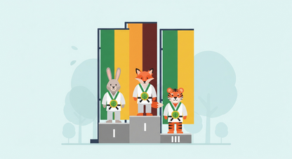 Kids-Mundo flat artwork of a rabbit, fox and tiger celebrating on a karate winner's podium