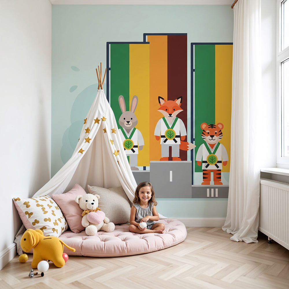 Kids-Mundo karate champions podium wall mural brightening a soft nursery room corner
