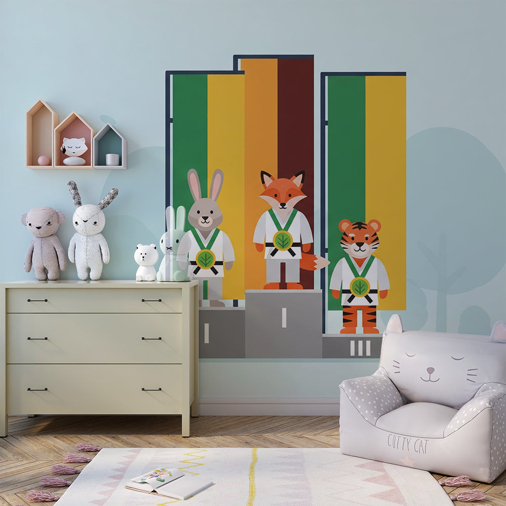 Kids-Mundo karate champions podium mural adding pride and colour to a playroom wall