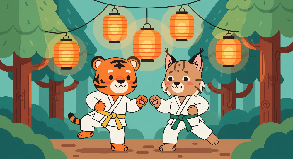 Karate Tiger and Lynx Cubs Under Lanterns Wall Mural