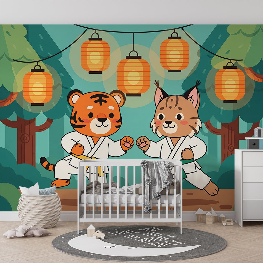 Kids-Mundo karate tiger and lynx wall mural styled behind toy storage and a rug in a bright playroom.