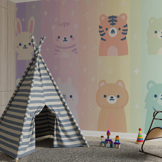 Kids-Mundo rainbow kawaii animals wall mural brightening a soft kids bedroom