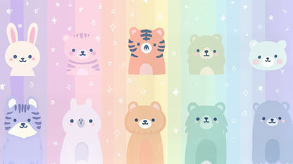 Kids-Mundo flat artwork preview of the kawaii pastel rainbow animal wall mural design