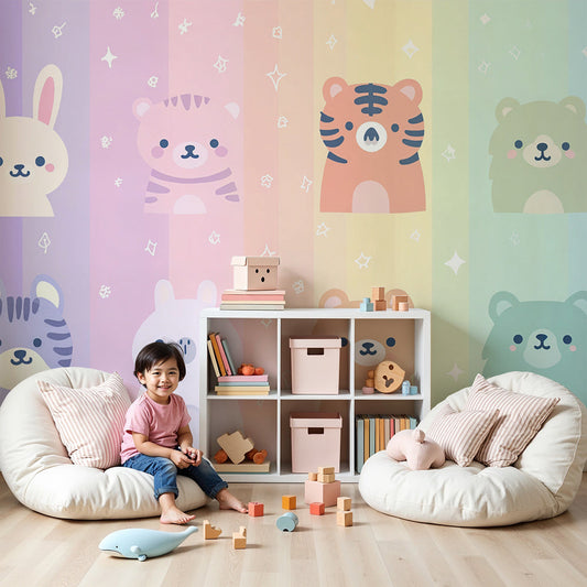 Kids-Mundo kawaii pastel animal wall mural styled as gentle nursery wallpaper
