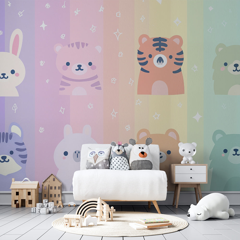 Kids-Mundo pastel animal wall mural adding sweet character to a playroom