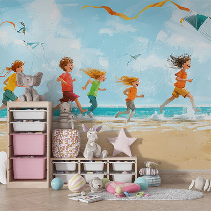 Kids-Mundo beach and kites wall mural covering a feature wall in a cheerful kids bedroom
