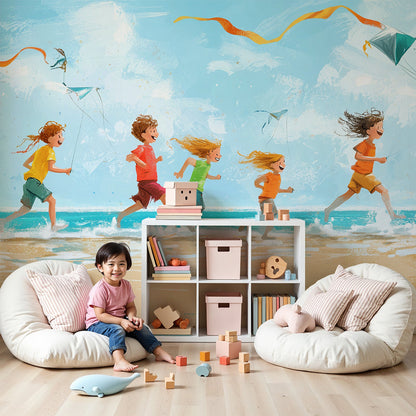 Kids-Mundo children flying kites beach wall mural styled in a bright nursery setting