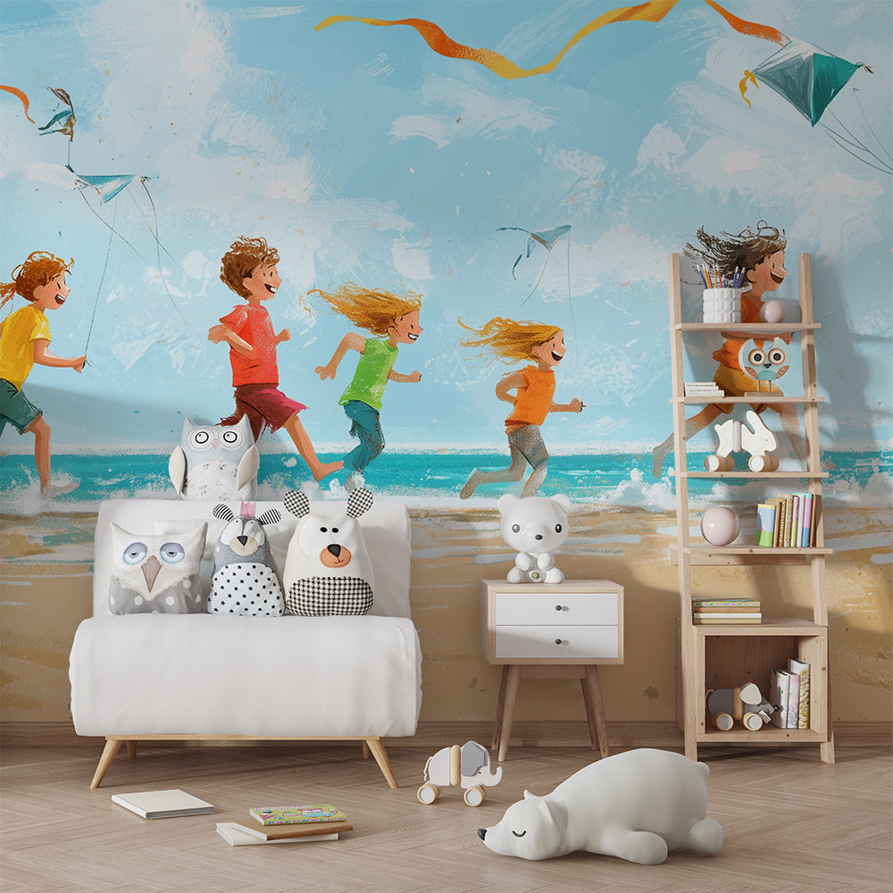 Kids-Mundo children flying kites wall mural covering a wall in an active children's playroom