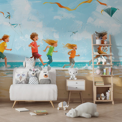 Kids-Mundo children flying kites wall mural covering a wall in an active children's playroom