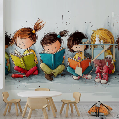 Kids-Mundo children reading books wall mural set up as a cosy reading corner in a playroom