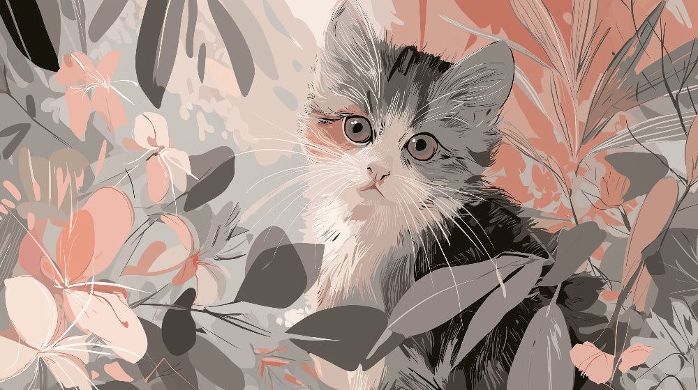 Detailed kitten garden mural wallpaper design pattern with floral botanical elements by Kids-Mundo