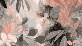 Detailed kitten garden mural wallpaper design pattern with floral botanical elements by Kids-Mundo
