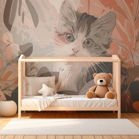 Botanical kitten wallpaper transforming kids playroom into garden sanctuary
