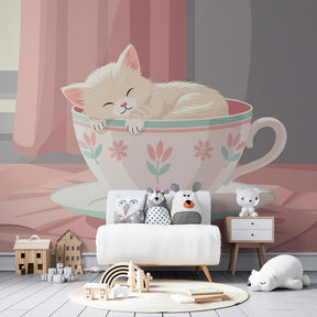 Floral teacup cat wallpaper creating cozy children's bedroom atmosphere