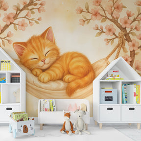 Dreamy floral kitten wallpaper transforming children's bedroom with pastel cherry blossoms