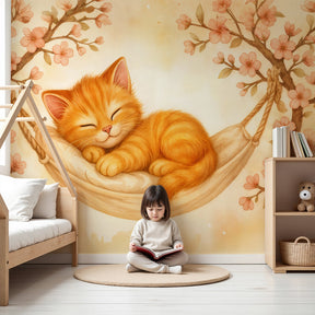 Kitten mural wallpaper with sleeping cat in hammock creating peaceful nursery decor by Kids-Mundo