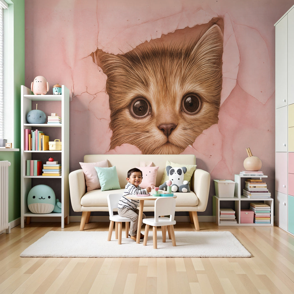 Pink kitten mural wallpaper creating cozy nursery atmosphere with curious cat design by Kids-Mundo