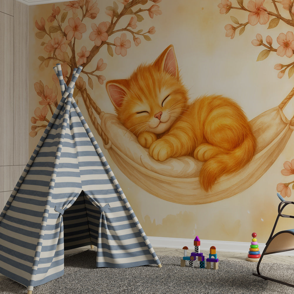 Animal theme mural wallpaper featuring ginger kitten in hammock for kids playroom by Kids-Mundo