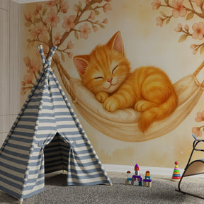 Animal theme mural wallpaper featuring ginger kitten in hammock for kids playroom by Kids-Mundo