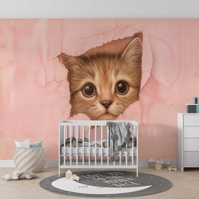 Charming kitten mural wallpaper creating magical reading corner for children with pink cat design