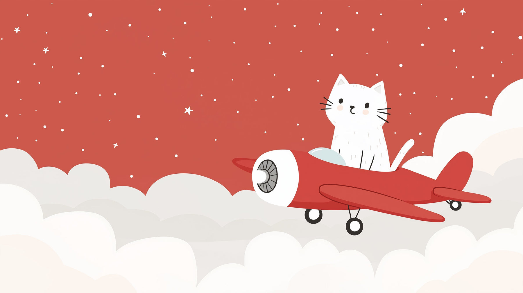 Detailed kitten pilot mural wallpaper design pattern with red airplane and cloud motifs by Kids-Mundo
