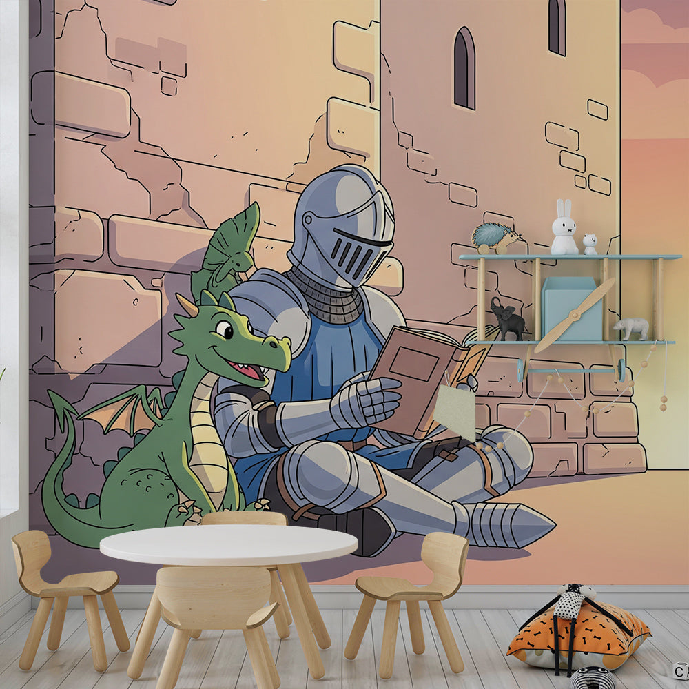 Kids-Mundo knight and dragon wall mural in a boy's fantasy bedroom setting