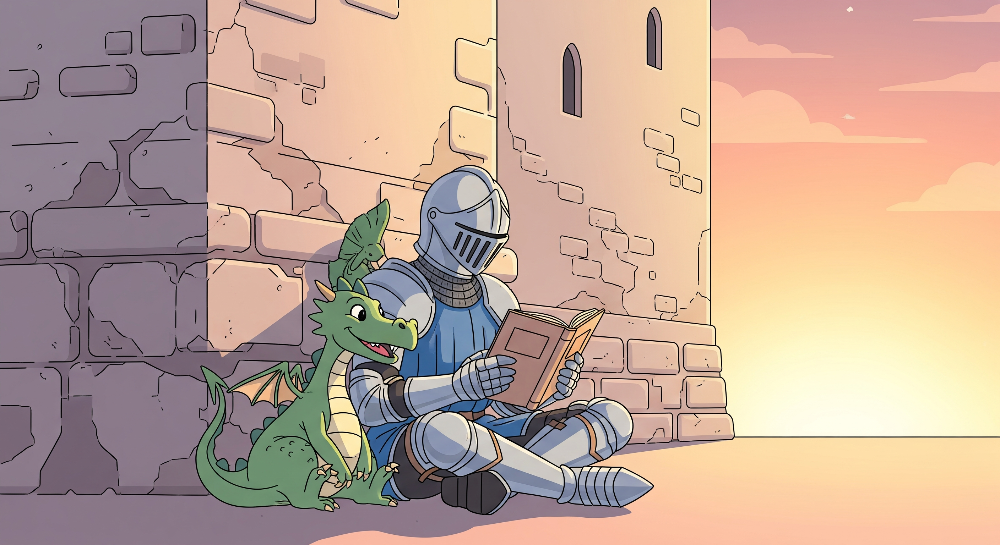 Kids-Mundo flat artwork of a knight reading with a friendly dragon at sunset