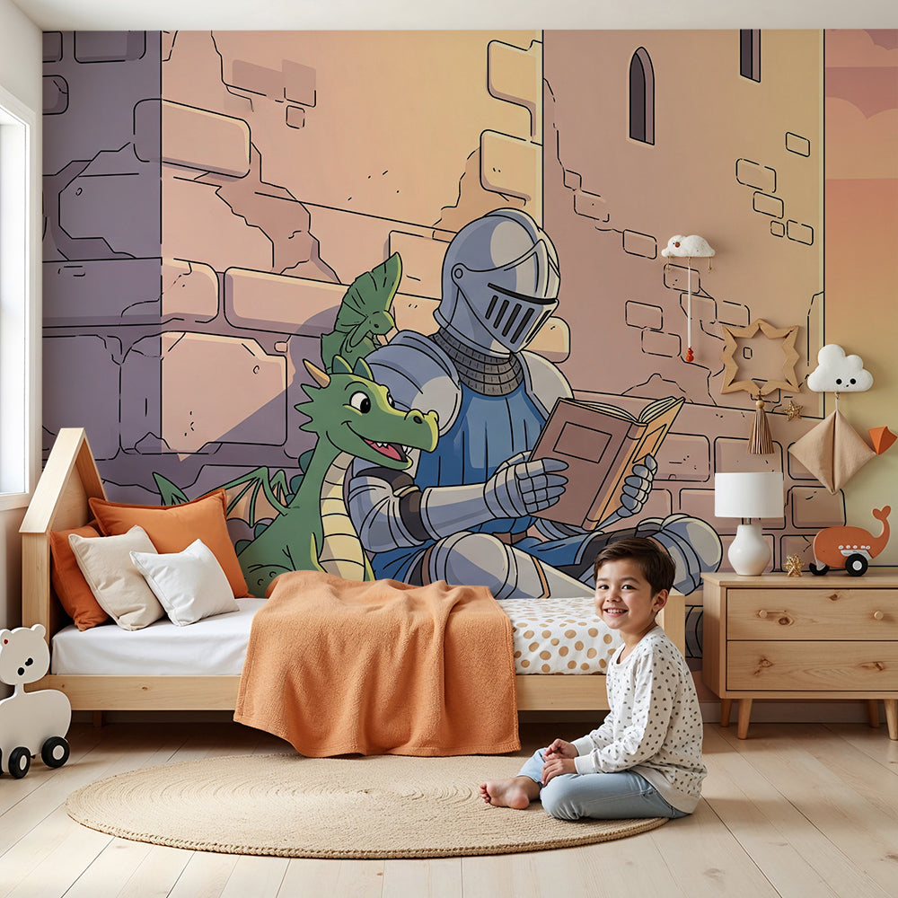 Kids-Mundo knight and dragon wall mural in a warm sunset-toned nursery