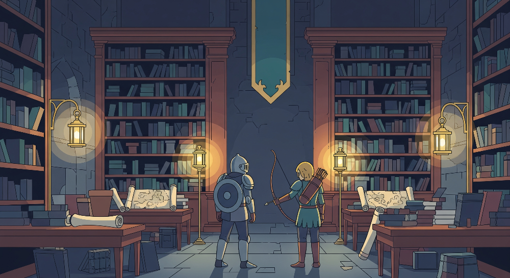 Kids-Mundo flat artwork of a knight and archer facing off in a fantasy medieval library design