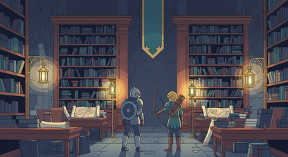 Kids-Mundo flat artwork of a knight and archer facing off in a fantasy medieval library design